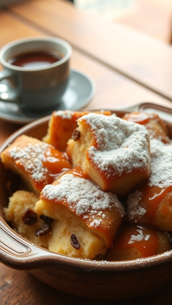 Classic Bread Pudding Breakfast Recipe A golden brown bread pudding with powdered sugar and raisins, served in a rustic dish on a wooden table.
